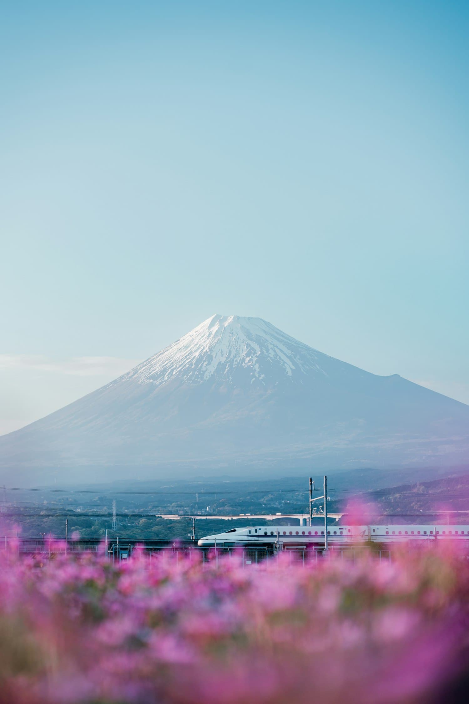 A shinkansen bullet train passing Mount Fuji